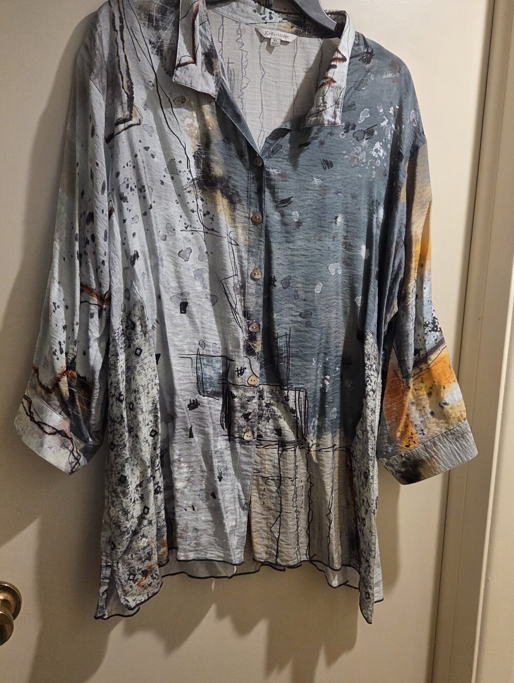 Light Blue Gray Abstract Print Womens Button-Up Tunic XL